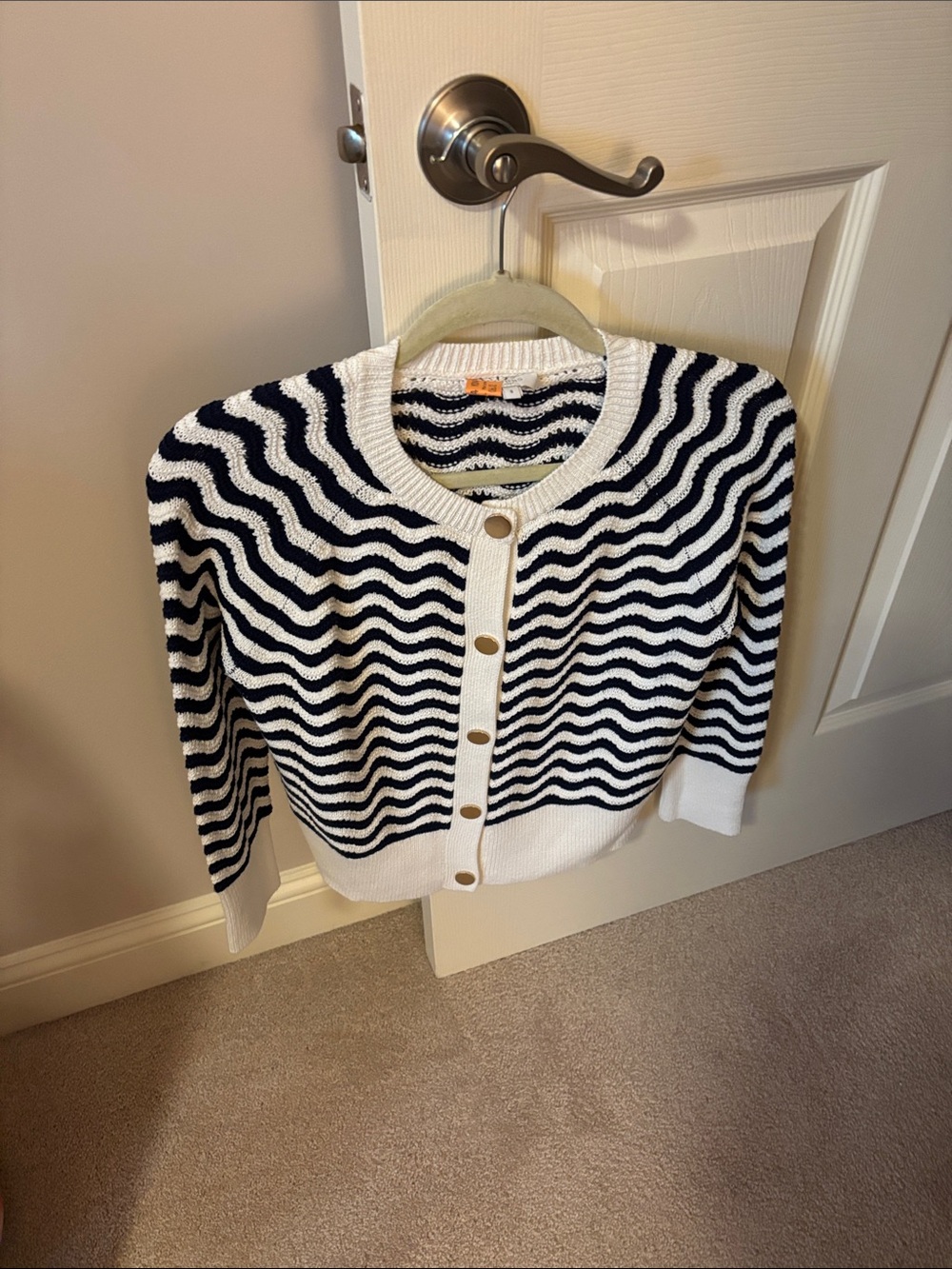Striped Navy and White Wave Knit Button Cardigan